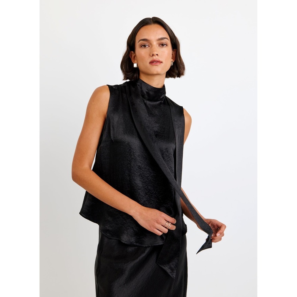 Bella Dahl‎ Black Satin Mock Neck Tie Blouse Sleeveless Top XS B2711-J87-304